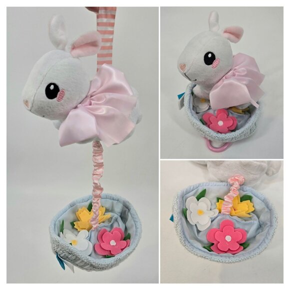 Manhattan Toy Bunny in Basket Musial Pull Toy Easter Plush Flowers Spring Knit - Picture 1 of 12